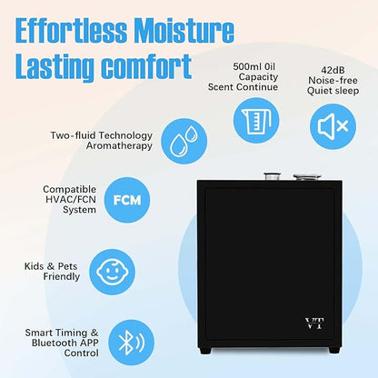 4000 Sq.Ft HVAC Smart Scent Diffuser for Home All-metal material. Suitable for large residences, hotels or offices. Capacity 500 ml Includes fragrance essential oil set. Supports Bluetooth APP control