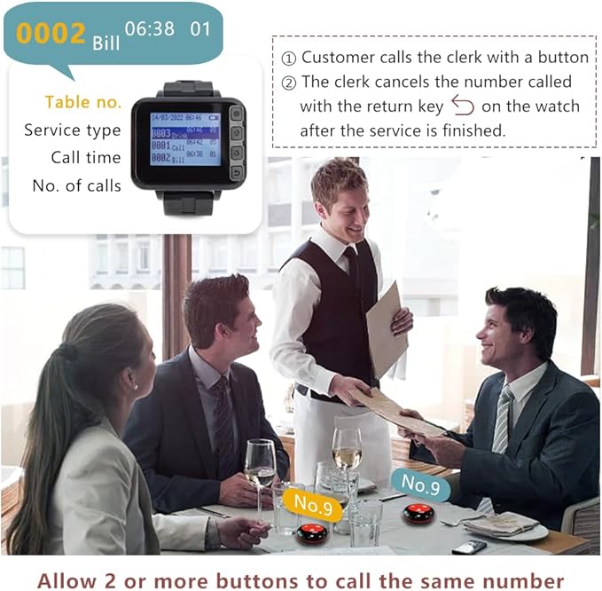 Wireless Waiter Calling System Table Number Pagers for Restaurant Food Court Cafe Snack Bar 1 Watch Pager 10 Waterproof Call Button with Call/Bill/Cancel (Watch+Button 1+10)