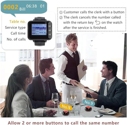 Wireless Waiter Calling System Table Number Pagers for Restaurant Food Court Cafe Snack Bar 1 Watch Pager 10 Waterproof Call Button with Call/Bill/Cancel (Watch+Button 1+10)