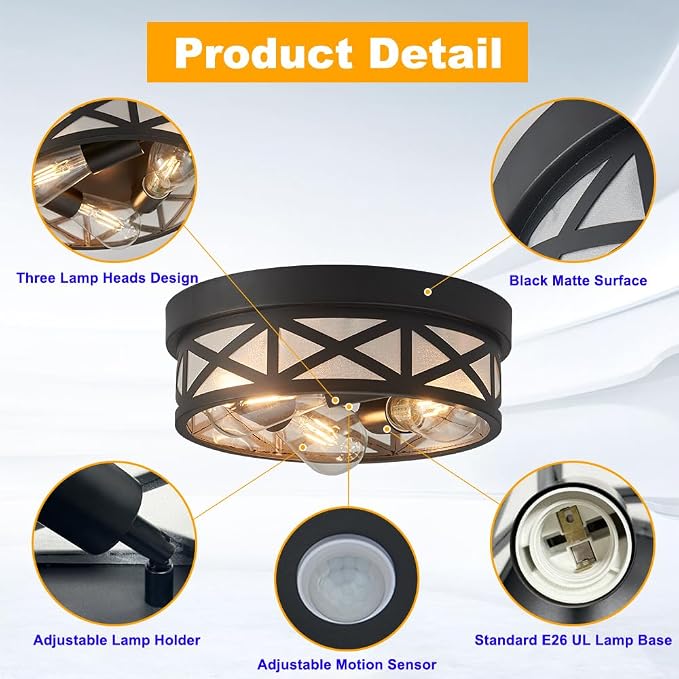 Round Adjustable Motion Sensor Flush Mount Ceiling Lights,3-Ligh,12 inch