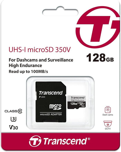 Transcend USD350V Micro SD Card 128GB, U3 V30 Memory Card for Nintendo-Switch/Dash cam/Security Cam/Surveillance/GoPro/Insta360/DJI/Drone/Action Cam, Up to 100MB/s, Full HD Video Recording w/Adapter