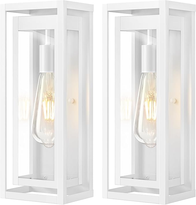15" Large Outdoor Wall Lights, 2 Pack White Outdoor Light Fixtures, Modern Waterproof Exterior Lighting Sconces with Clear Glass Shade for Front Door, Porch, Garage