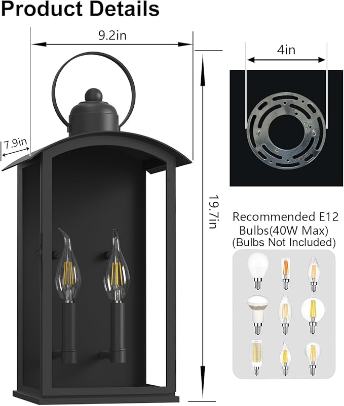 19.7-INCH Outdoor Wall Light Fixtures, Dusk to Dawn Exterior Lanterns Waterproof, Large Porch Sconces Wall Mounted Lighting, Modern Matte Black Front Open Window Wall Lamps for Patio