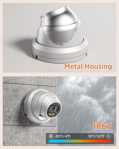 4MP PoE IP Dome Camera Outdoor, Wired Home Security Turret PoE Camera, 2.8mm Lens 110°Wide Angle, Built-in Mic, IP67 Smart Dual Lights Color Night Vision, 24/7 Recording, PD93BA1-4MD-V