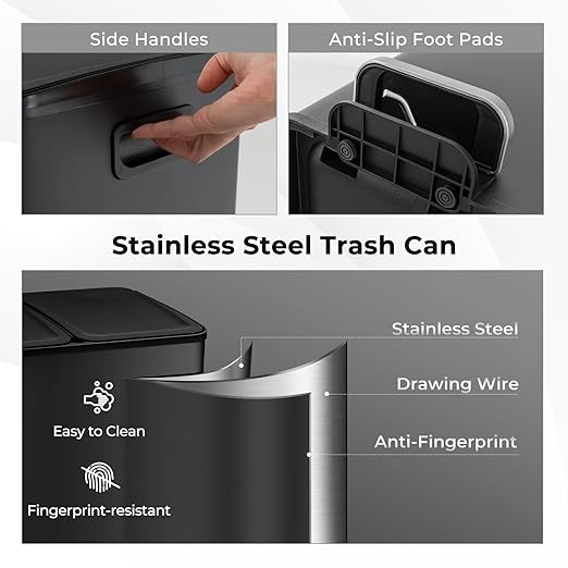 Goplus 16 Gallon/ (2x30L) Stainless Steel Trash Can, Kitchen Trash Bin w/Dual Removable Inner Buckets, Soft Closure & Step-on Pedal, Deodorizer Compartment, Garbage Bin for Recycling, Black