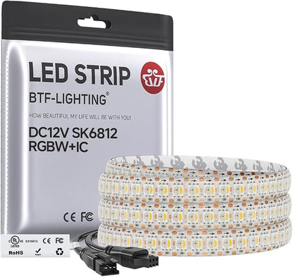 BTF-LIGHTING RGB+Natural White SK6812 LED Strip 3.28FT 144LED IP65 DC12V | RGBW Individually Addressable UL Listed 4 Colors in 1 Light (Similar WS2812B) White PCB(No Adapter or Controller)