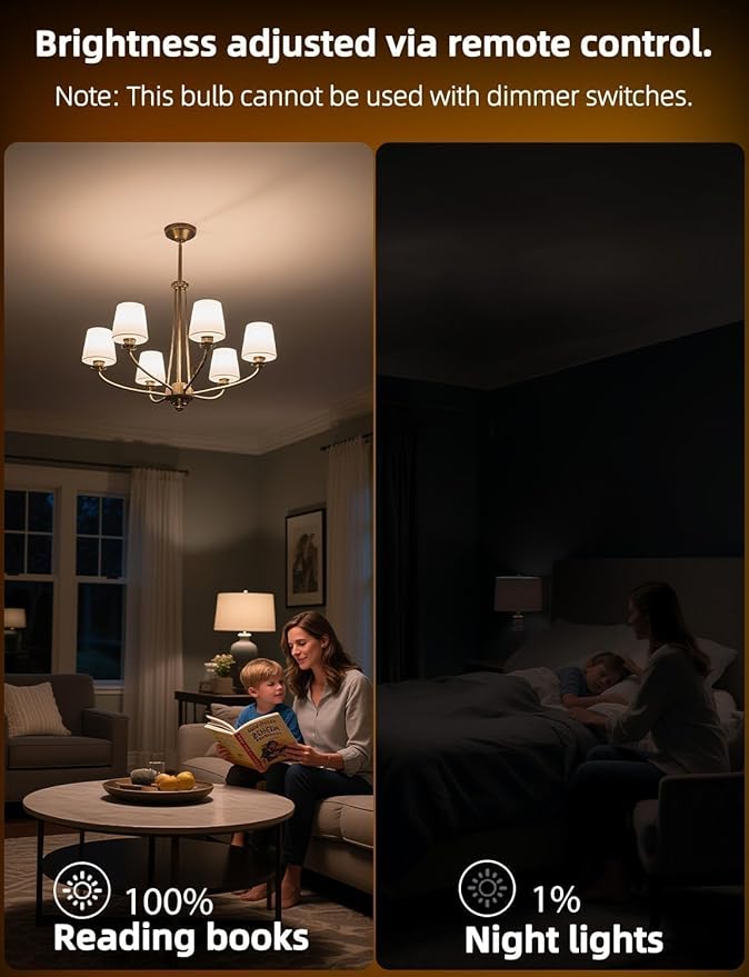 HEKEE E12 Candelabra Light Bulbs, Color Changing Bulb with Remote, Plug-in Only, E12 Base, 12 RGB+2700K Warm White, 40W Equiv (5W), 450LM, Timer, 2 Modes, for Chandelier/Ceiling Fan, 4 Pack