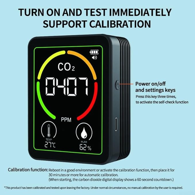 3in1 Indoor Air Monitor with Carbon Dioxide, Temperature & Humidity Sensors for Monitoring Air in Multiple Spaces (Black)