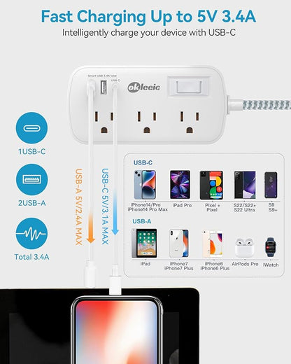 Short Extension Cord 5 ft - Flat Plug Small Power Strip Surge Protetor with 6 Outlets 3 USB (5V/3.4A 17W) Charging Ports, Multi Plug Wall Outlet Splitter for Home Office Dorm Roomc, White