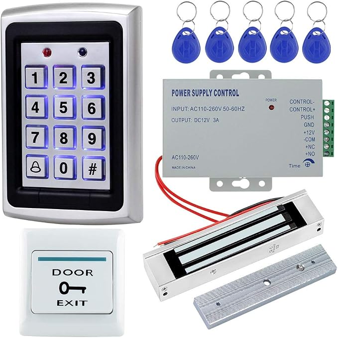 LIBO Full Access Control System Kit Set Metal Controller Keypad 500 Users, 3A Power Supply Switch DC 12V Electric Magnetic Lock 180kg/350lbs + Door Exit Release Button + 10pcs RFID KeyFobs