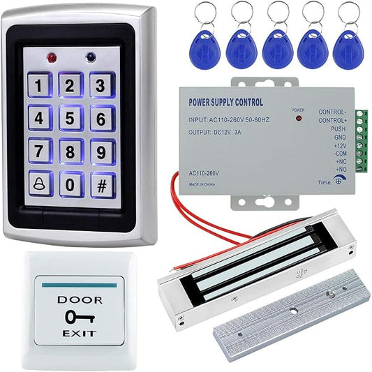 LIBO Full Access Control System Kit Set Metal Controller Keypad 500 Users, 3A Power Supply Switch DC 12V Electric Magnetic Lock 180kg/350lbs + Door Exit Release Button + 10pcs RFID KeyFobs