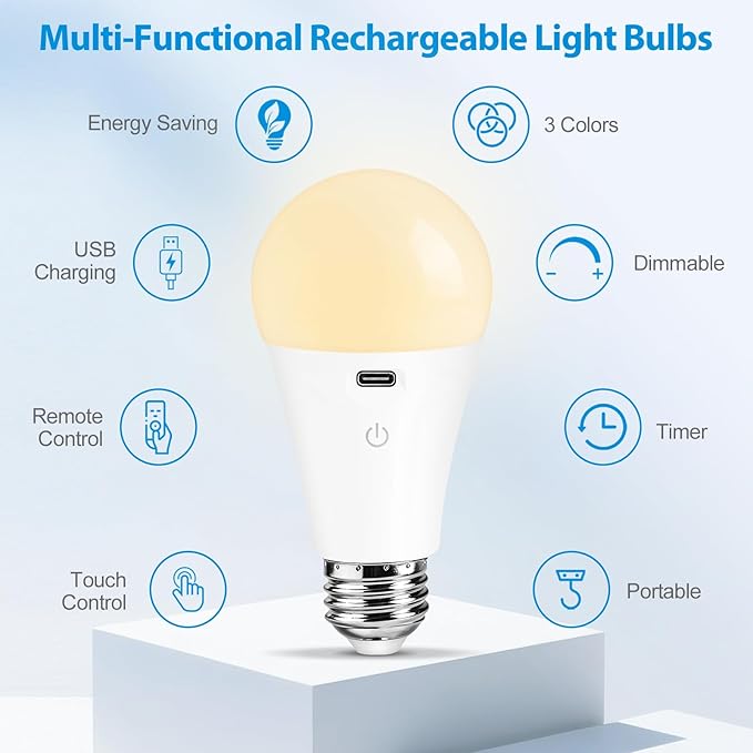 Rechargeable Light Bulbs with Remote Control, Dimmable Battery Operated Light Bulbs with 3 Color Temps and 4 Timer, A19 Wireless Light Bulbs for Sconce, Not-Hardwired, 1 Pack