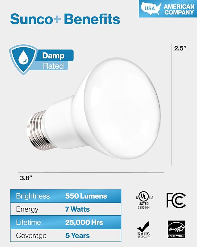 Sunco 10 Pack BR20 LED Bulb Dimmable, Small Recessed Lighting Bulbs, R20 Mini Flood Light Indoor, 550 LM, 7W (50W Equivalent), 6000K Daylight Deluxe, E26 Base, Can Light for Home, Kitchen, Bedroom UL