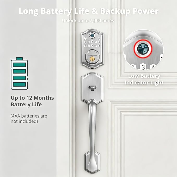 AkaGear Fingerprint Keyless Entry Door Lock Keypad Deadbolt with Handle Set | Smart Lock for Front Door, Front Door Lock Set, Passcode Unlock, 2 Keys, Auto-Lock, Brushed Nickel