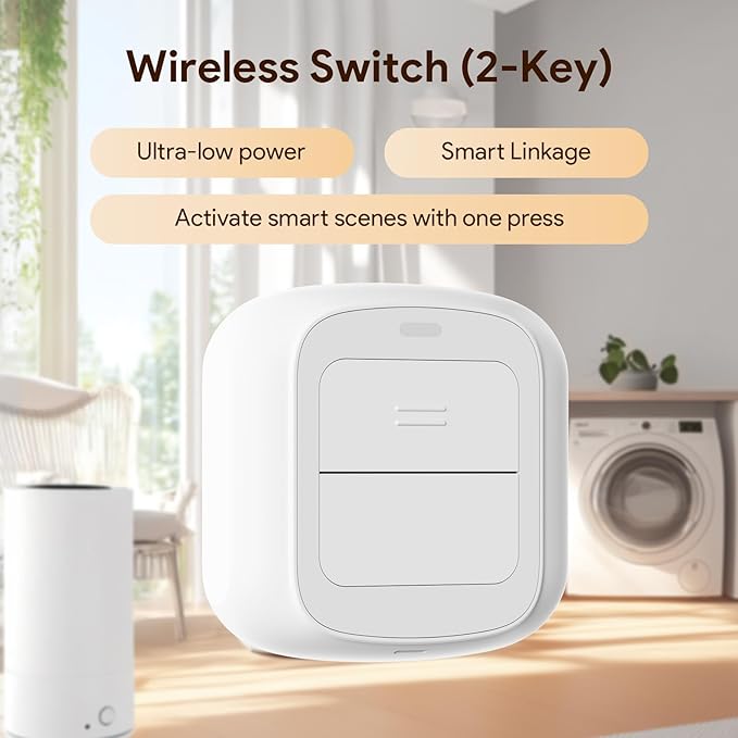 Wireless Switch (2-Key), Wi-Fi Smart Scene Switch, Battery Powered Wall Remote for Lights/Curtains/Scenes, Short & Long Press, No Hub Required