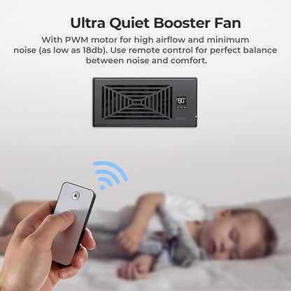 BIOWIND Quiet Register Booster Fan Fits 4" x 10" Register Holes, 10-Speed Smart Heating Cooling AC Vent Fan with Remote Control and Thermostat Control - Black