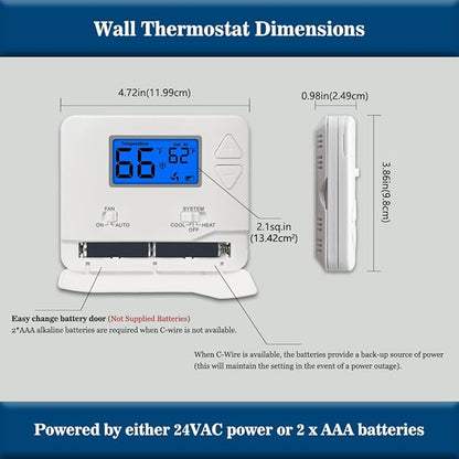 Non-Programmable Thermostat for Home Single-Stage Systems, 1 Heat/1 Cool, Easy DIY Install, Blue Backlight