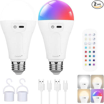 2 Pack 5200mAh Rechargeable Light Bulbs with Remote E26 Battery Operated Light Bulb for Lamps and Sconces,Dimmable Wireless Emergency Light Bulbs with Hook,3 Color Temperatures & 12 RGB Color Changing
