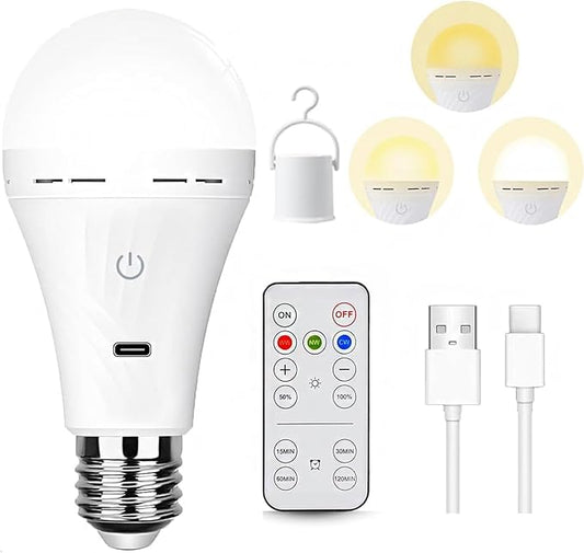 Rechargeable Battery Operated Light Bulbs for Non-Hardwired Fixtures with Remote and Timer, 3 Color Temps Dimmable Battery Backup Bulbs with Hooks for Decorative Lighting Outdoor Lighting