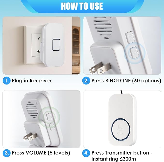 Caregiver Pager, Call Button for Elderly at Home, Medical Alert System for Seniors with 1000FT Long Range, 5 Volume Levels, 1 Receiver (Plug in) & 1 SOS Panic Button for Patient/Disabled Monitoring
