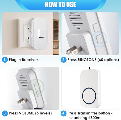 Caregiver Pager, Call Button for Elderly at Home, Medical Alert System for Seniors with 1000FT Long Range, 5 Volume Levels, 1 Receiver (Plug in) & 1 SOS Panic Button for Patient/Disabled Monitoring