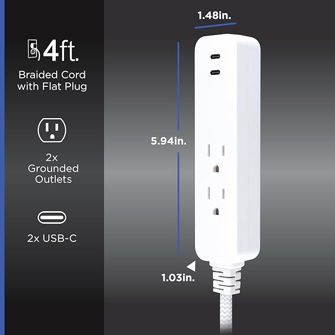 GE 2 USB C Extension Cord Power Strip, 2 Outlets, 4 Ft Braided Cord (Pack of 5)