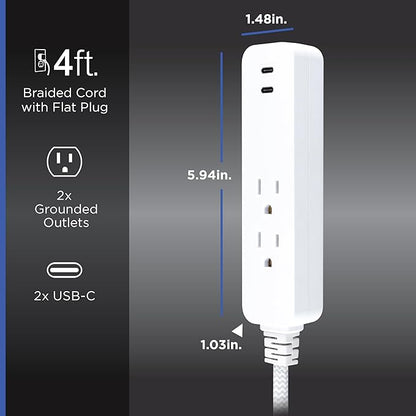 GE 2 USB C Extension Cord Power Strip, 2 Outlets, 4 Ft Braided Cord (Pack of 5)