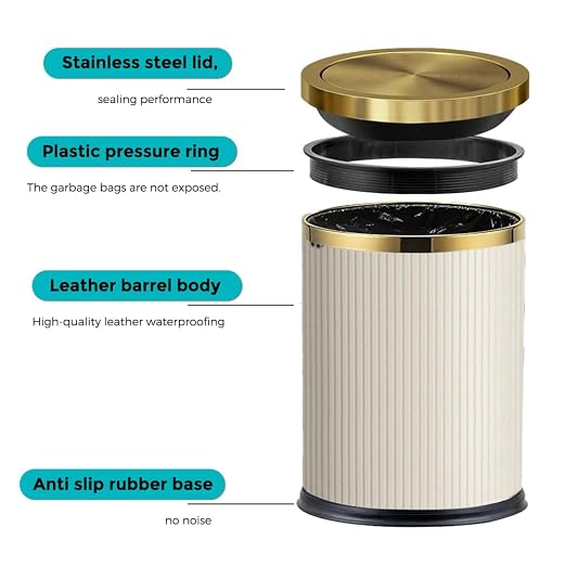 4 Gallon Bathroom Trash Can with Swing Lid, Large Gold White Garbage Can, Fancy, Big Leather Waste Basket, for Girls Bedroom Kitchen Powder Room (15L White)
