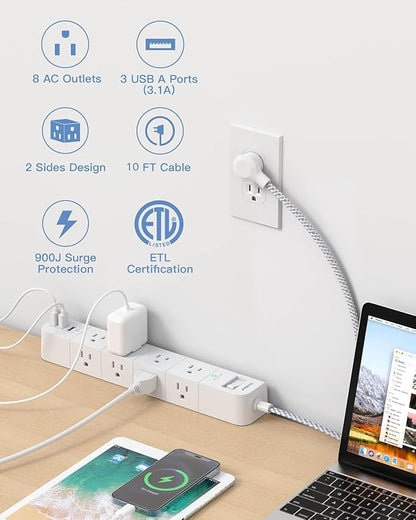 15 ft Surge Protector Power Strip, Flat Plug Extension Cord with 8 Widely Spaced AC Outlets and 3 USB Ports, ETL Listed Desktop Charging Station for Home Office Travel Computer Wall Mount