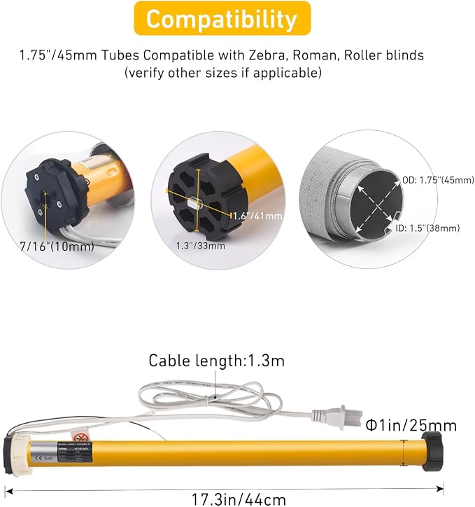 Smart Tuya WiFi Blinds Motor for Roller Shades, Alexa & Google Home Compatible, App & Timer Control, AC100-240V for 1.75"/45mm Tubes, Nlo Hub Required