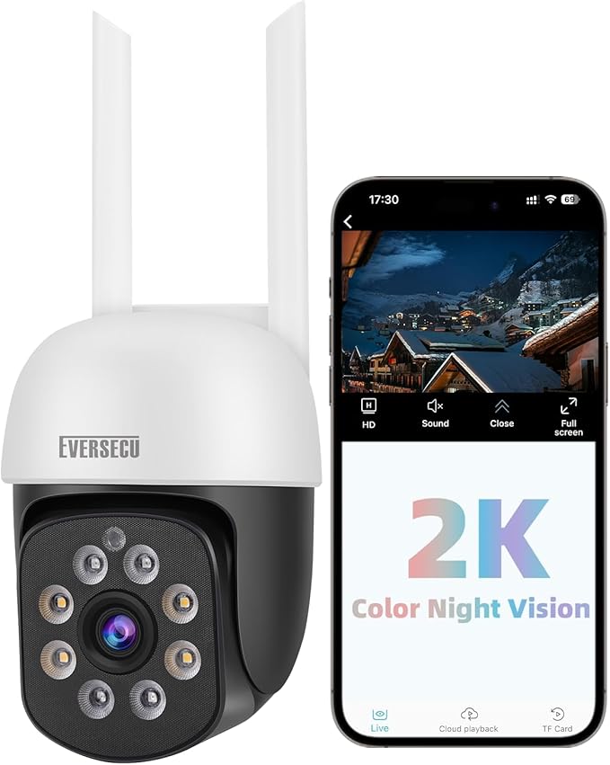 EVERSECU 2K 3.0MP Outdoor WiFi PTZ Security Camera, 2.4G WiFi, Auto Tracking, 2 Way Audio, Color & Infrared Night Vision, Work with Alexa, SD Card & Cloud Storage, ONVlF Compliant RTSP IP CCTV Camera