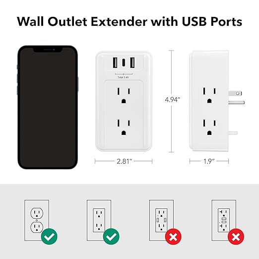 BN-LINK Multi Plug Outlet, 6 Wall Outlet Extender with 3 USB Charging Ports (1 USB C) Total 3.4A, 3-Sided Outlets Splitter Multiple Outlet Wall Plug for Home Office Dorm Room