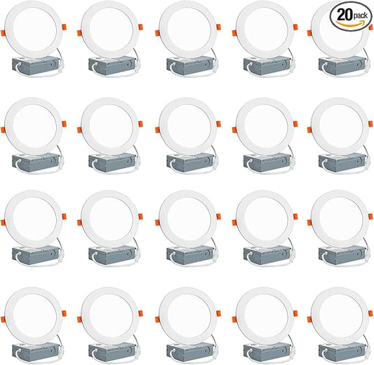 6 Inch Ultra-Thin LED Recessed Ceiling Light with Junction Box, 6500K Daylight, led recessed Light 12W 110W Eqv, LED Can-Killer Downlight, 1050LM High Brightness for Bedroom(6500K, 20Pack)