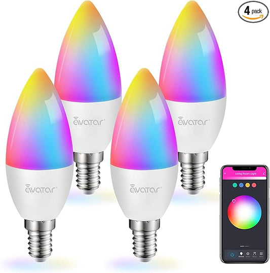 Avatar Controls 4 Pack E12 Smart Bulbs - Alexa Candelabra Light Bulb 5W LED Color Changing Ceiling Fan Smart Light Bulb, WiFi Candle Small Bulbs with Music Timer, Type B11, 2700-6500K+RGB