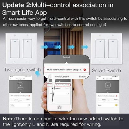 MoesGo WiFi Wall Push Button Smart Light Switch,Multi-Control, 2.4GHz WiFi Light Switches, Neutral Wire Required,Remote Control Smart Life/Tuya, Work with Alexa,Google Home White 2 Gang