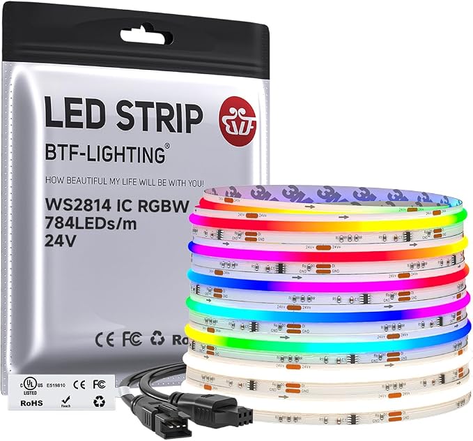 BTF-LIGHTING 24FT WS2814 Smart IC RGBW 4000K DC24V COB LED Strip Light | UL Listed 784LEDs/m High Density Color Chasing Uniform Light 10mm Width for Home Party DIY Lighting(No Adapter or Controller)