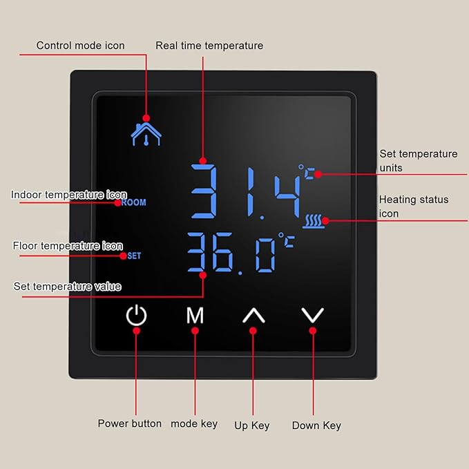 Smart Home Floor Heating Thermostat 16A AC85-250V Electric Heating Easy Installation Accurate Temperature Control (Black)