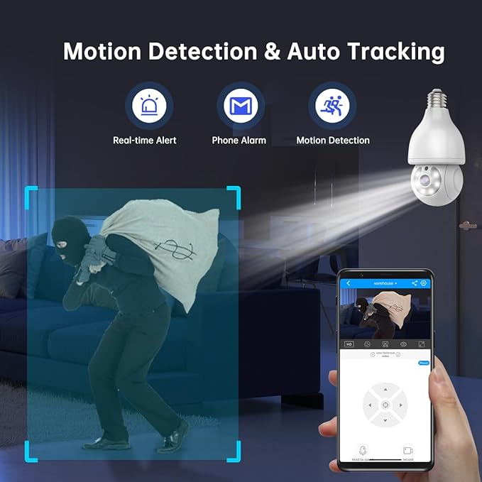 EVERSECU HD 2K 3.0MP Wireless Lightbulb Security Camera with E27 Light Connector, Motion Auto Tracking PTZ, 2 Way Audio, Spotlight Night Vision, Free APP, WiFi Screw-in CCTV Camera, White(4pack)