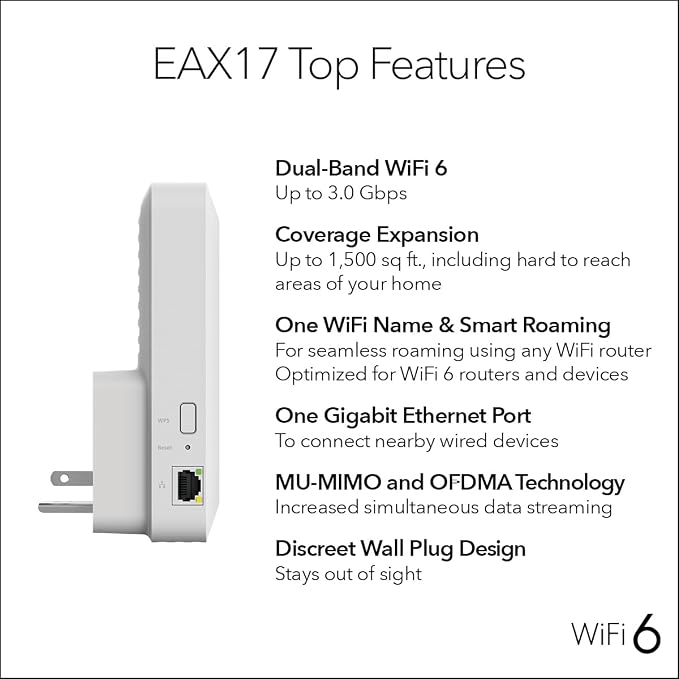 NETGEAR WiFi 6 Range Extender (EAX17) - AX3000 Dual-Band Wireless Signal Booster & Repeater (up to 3.0 Gbps Speed) - Add up to 1,500 sq. ft., 20 Devices - WPA3 Security, One WiFi Name