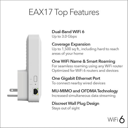 NETGEAR WiFi 6 Range Extender (EAX17) - AX3000 Dual-Band Wireless Signal Booster & Repeater (up to 3.0 Gbps Speed) - Add up to 1,500 sq. ft., 20 Devices - WPA3 Security, One WiFi Name