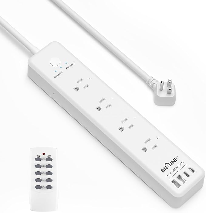 BN-LINK Remote Control Power Strip with 4 Independent Outlets，4 USBs (incl. 20W USB-C), 3.9Ft Extension Cord, 15A/1875W Overload Protection, Wall Mount, for Home, Office, ETL Listed, 1200J