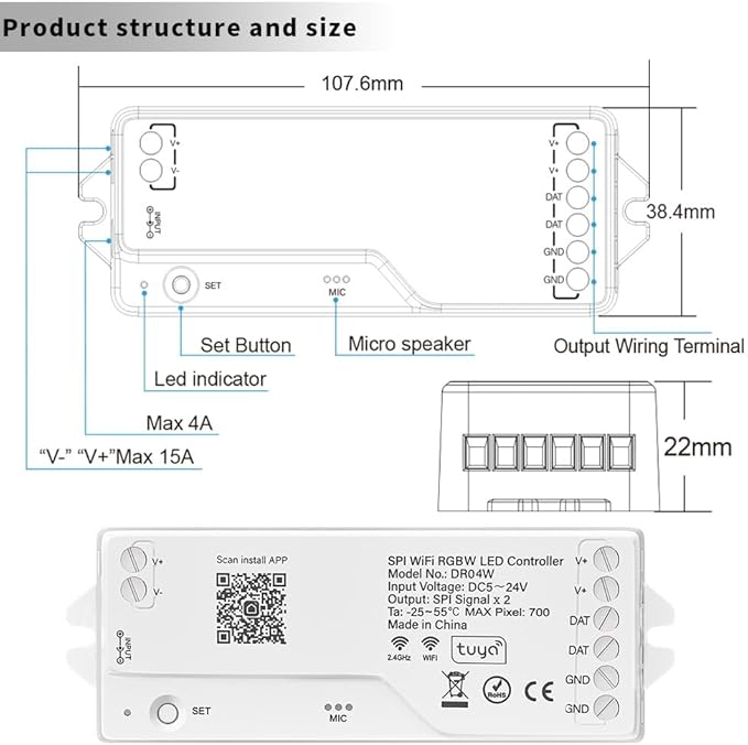 DR04W RGBW SPI SMD COB 3PIN Addressable LED Strip 2.4GHz Tuya WiFi Controller, Support Alexa Google Home Smartphone APP Control Compatible with WR01RF RC03RFB Remote(No for WS2812B WS2811)