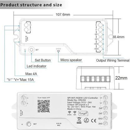 DR04W RGBW SPI SMD COB 3PIN Addressable LED Strip 2.4GHz Tuya WiFi Controller, Support Alexa Google Home Smartphone APP Control Compatible with WR01RF RC03RFB Remote(No for WS2812B WS2811)