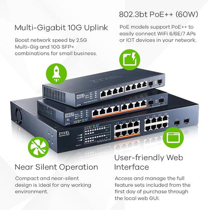 Zyxel 16 Port Network Ethernet Switch | Smart Managed PoE++ | XMG1915-18EP | 8x 2.5G + 8x PoE++ with 180W Budget + 2x 10G SFP+, Smart Fan, NebulaFlex, VLAN, QoS, IGMP Snooping, Rack Mount Kit Included
