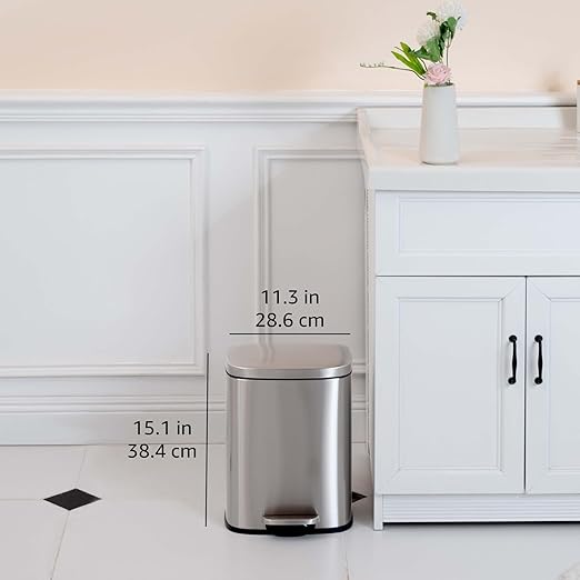 Amazon Basics SMALL Trash Can, 3.1 Gallon (12L), Smudge Resistant Rectangular Bin with Soft-Close Lid, Step Foot Pedal, Removable Inner Bucket, Brushed Stainless Steel, Satin Nickel Finish