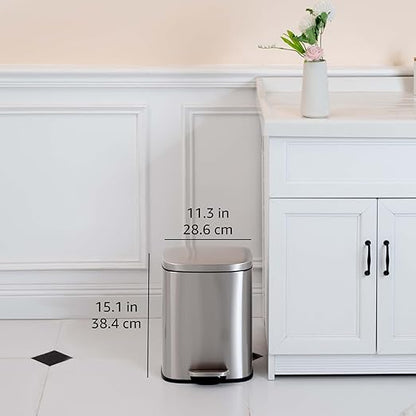 Amazon Basics SMALL Trash Can, 3.1 Gallon (12L), Smudge Resistant Rectangular Bin with Soft-Close Lid, Step Foot Pedal, Removable Inner Bucket, Brushed Stainless Steel, Satin Nickel Finish