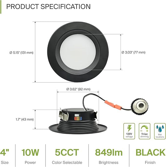 ASD Black 4 Inch Retrofit LED Recessed Light - 10W 2700K-5000K 849LM Retrofit LED Recessed Lighting 4 Inch, Dimmable Black Recessed Lights, Wet Rated Baffle Trim Can Lights, ETL, Energy Star