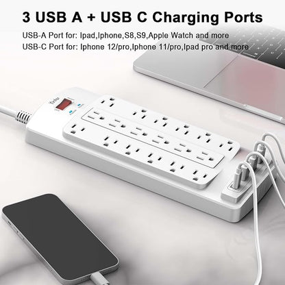 Yintar 10Ft Surge Protector Power Strip with 18 Outlets and 4 USB Ports | 10 Feet Flat Plug Heavy Duty Extension Cord with Multiple Outlets for Home, Office, Dorm Essentials, 2100 Joules, ETL, White