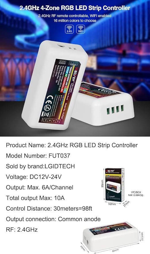 LGIDTECH FUT037 Miboxer RGB LED Strip Light 2.4GHz RF Wireless 4-Zone Controller Receiver Box,Used to 5050 2538 3528 LED Strips Light.Work with FUT096 B3 WL-Box1 Gateway,Compatible with Alexa via hub