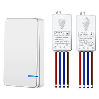 NineLeaf Wireless Light Switch Kit,No Wiring Mini Remote Switch,No WiFi Remote IP66 Waterproof for Ceiling Lights,Lamps,Fans,1969ft Outdoor 328ft Indoor Range,Up to 1000W LED(1Switch 2Receivers)